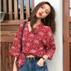 V-neck Printed 3/4-sleeve Top Red - One Size