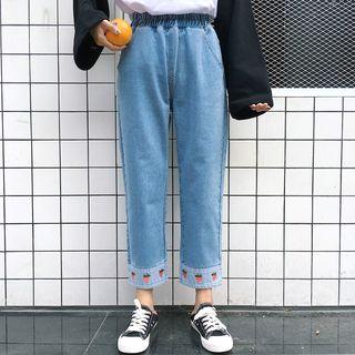 Embroidered Elastic-waist Cropped Straight-leg Jeans