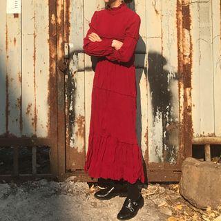 Long-sleeve Frill Collar Maxi Crinkle Dress Red - One Size