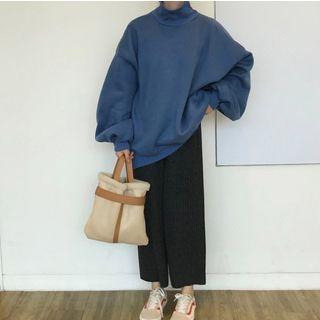 Plain Turtleneck Sweatshirt / Cropped Ribbed Wide-leg Pants