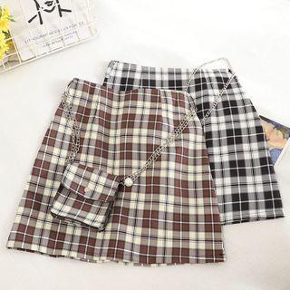 Set: Plaid Mini A-line Skirt + Chain Strap Crossbody Bag