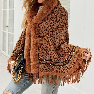 Leopard Print Fluffy Trim Cape Coat