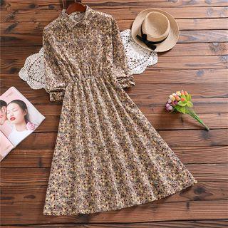 Long-sleeve Floral Print Corduroy Midi A-line Shirtdress
