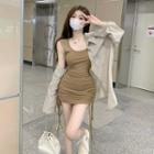 Sleeveless Drawstring Mini Bodycon Dress / Striped Shirt