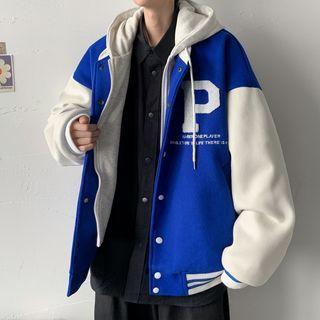 Mock Two Piece Embroidered Color Block Baseball Jacket