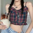 Plaid Cropped Camisole Top Plaid - Red & Navy Blue & Green - One Size
