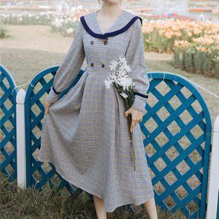 Double Breasted Long-sleeve Midi A-line Dress