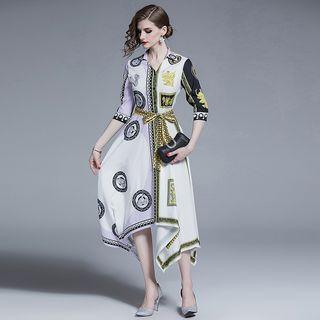3/4-sleeve Asymmetric Printed A-line Midi Dress