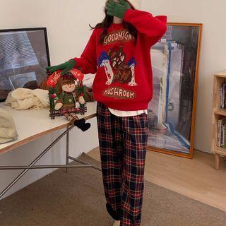 Cartoon Print Sweater / Plaid Straight Leg Pants