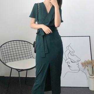 V-neck Short-sleeve Midi-dress With Sash