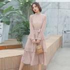 Stand Collar Long-sleeve Dotted Midi Layered Dress