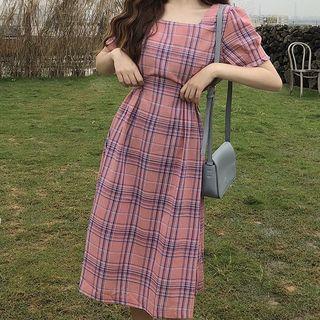 Square Neck Plaid Drawstring Back Dress Pink - One Size