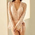 Bell-sleeve V-neck Lace Panel Swimsuit