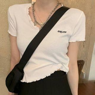 Short-sleeve V-neck Frilled Trim Crop Top