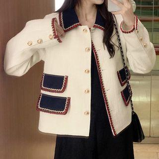 Embroidered Trim Paneled Buttoned Jacket Almond - One Size