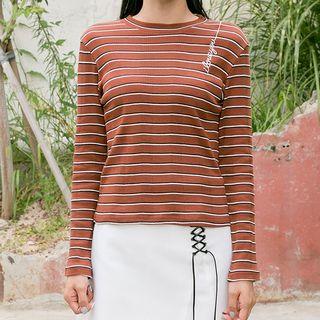 Lettering Embroidered Stripe Top