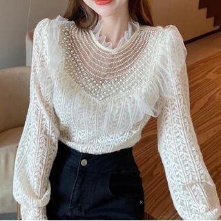 Lantern-sleeve Mesh Ruffled Lace Top