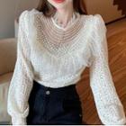 Lantern-sleeve Mesh Ruffled Lace Top