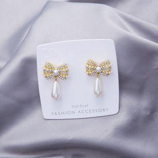 Bow Rhinestone Faux Pearl Dangle Earring 1 Pair - E1033-3 - Bow - Gold - One Size