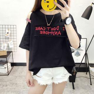 Short-sleeve Cold-shoulder Lettering Embroidered T-shirt