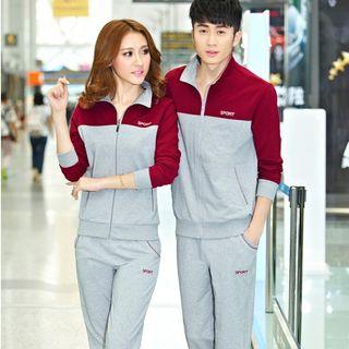 Set: Couple Color-block Zip Jacket + Pants