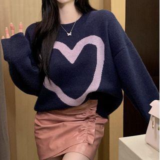Heart Jacquard Sweater / Faux Leather Frill Trim Mini Skirt