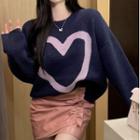 Heart Jacquard Sweater / Faux Leather Frill Trim Mini Skirt
