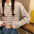 Long-sleeve Striped Collared T-shirt Almond & Coffee - One Size