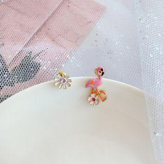 Non-matching Alloy Flamingo & Flower Earring Stud Earrings - 1 Pair - As Shown In Figure - One Size