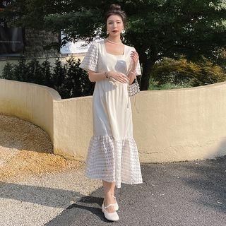 Elbow-sleeve Square Neck Midi Sheath Dress