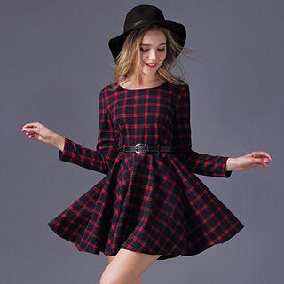 Long-sleeve Wool Blend Check Dress