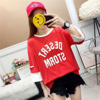 Mock Two-piece 3/4-sleeve Letter T-shirt