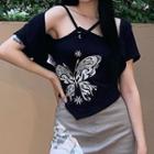 Asymmetrical Butterfly Print Camisole Top With Jacket