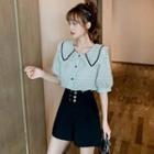 Set Of 2: Short-sleeve Peter Pan-collar Plaid Blouse + High-waist Plain Double-breasted Wide-leg Shorts