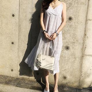 Spaghetti-strap Tiered Dot Long Dress