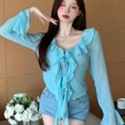 Set: Long-sleeve Ruffle Trim Blouse + Camisole Top Mint Blue - One Size