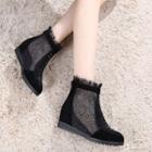 Genuine-leather Wedge Lace-panel Ankle Boots