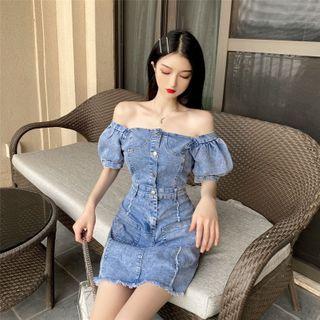 Off-shoulder Puff-sleeve Denim A-line Dress