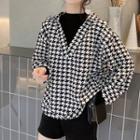 Long-sleeve Mock Two-piece High-neck Houndstooth Top