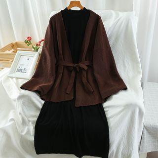 Set: Open-front Cardigan + Midi A-line Dress Set: Coffee Cardigan & Dress - Black - One Size