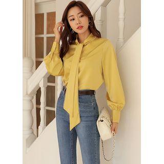 Tie-neck Bishop-sleeve Satin Blouse