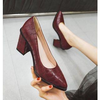 Croc Grain Pointy-toe Chunky-heel Pumps