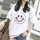 Elbow-sleeve Smiley Embroidered T-shirt