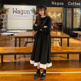 Long-sleeve Buttoned Long Dress Black - One Size