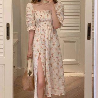 Puff Sleeve Square Neck Floral Print Smocked A-line Dress