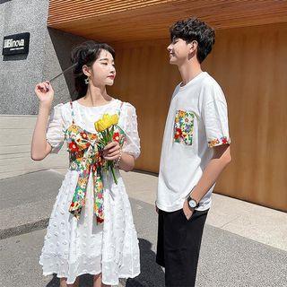 Set: Puff-sleeve Dotted Mini A-line Dress + Floral Cropped Camisole Top