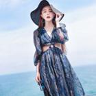 Balloon-sleeve Printed Cutout Midi Sundress