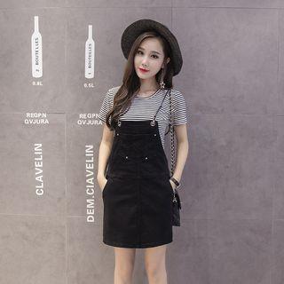 Denim Pinafore Dress / Set: Striped Short-sleeve T-shirt + Pinafore Dress