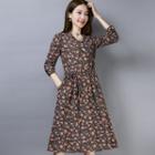 Long-sleeve Floral-print Midi A-line Shirt Dress