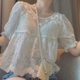 Short-sleeve Crocheted Knit Blouse White - One Size